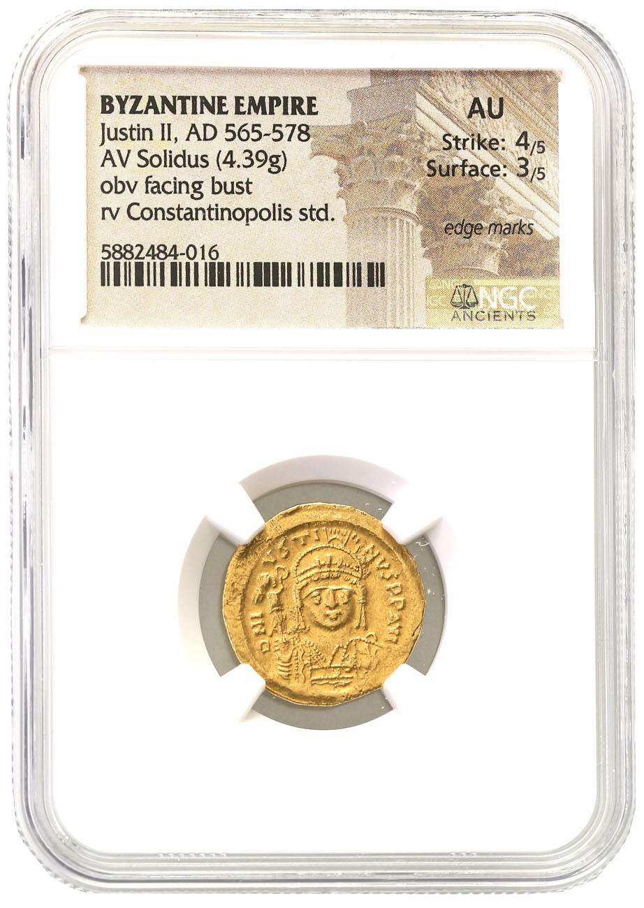 Bizancjum. Justin II (565-578). Solidus 567-578, Konstantynopol NGC AU 4/5 3/5